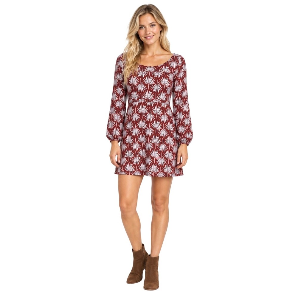 Boden Womens Burgundy White Palm Leaf Long Sleeve Jersey Mini Dress 4P J0351